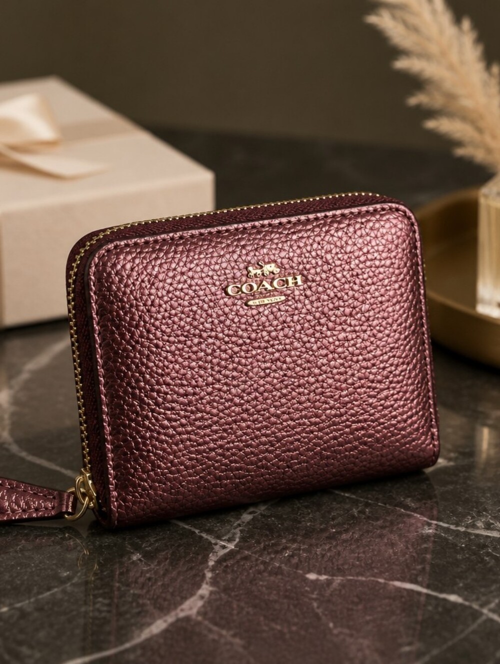 Coach Metallic Plum Pebbled Leather Zip Wallet with Gold Logo